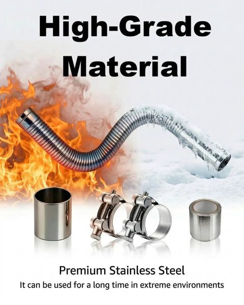 Flexible Stainless Steel Exhaust Tubing 1.5 In ID X 27.6 In Laser Welded Flex Pipe Kit with fire and ice backdrop