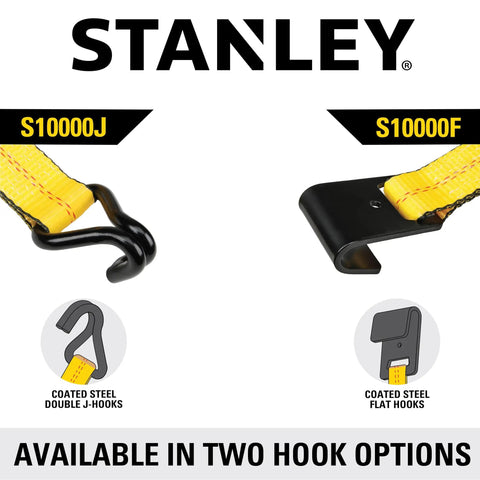Heavy Duty Ratchet Strap 2 X 27 Feet Featuring A Tough As Nails 10000 Pound Rating Double J Hooks and Padded Grip for a Rock Solid Haul. Two hook options shown.
