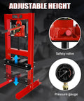 6 Ton Hydraulic Shop Press With H Frame Built Tough For The Garage Adjustable Height From 2.2 To 9.4 Inches Pressure Gauge Stamping Plates Bearings And U Joint Installations For Bending Straightening And Pressing Automotive Or Metalworking Parts showing adjustable height, safety valve, and pressure gauge.