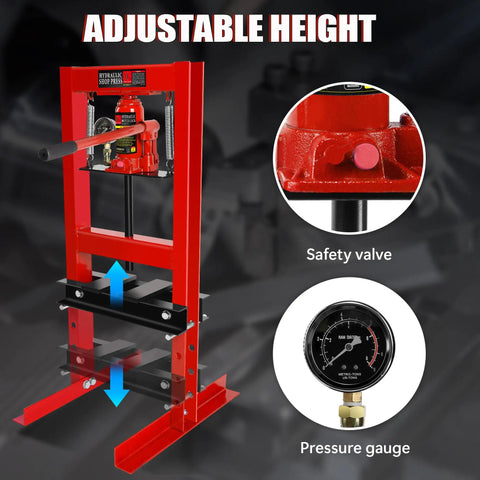 6 Ton Hydraulic Shop Press With H Frame Built Tough For The Garage Adjustable Height From 2.2 To 9.4 Inches Pressure Gauge Stamping Plates Bearings And U Joint Installations For Bending Straightening And Pressing Automotive Or Metalworking Parts showing adjustable height, safety valve, and pressure gauge.