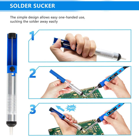 Hand holding solder sucker tool from Thirty Nine In One Soldering Iron Kit With LCD Display 80W 110V