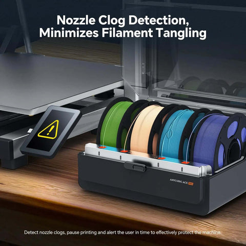 ACE Pro Multi Color Filament Dryer Box for Kobra 3 Max on desk with colorful filaments, featuring nozzle clog detection