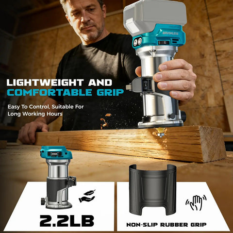 Man using Cordless Router For 18V Battery 800W Brushless Wood Router With 6 Speed Control Depth Adjustment Edge And Roller Guide