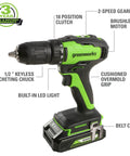 Beefy 24V Brushless Drill Driver with keyless ratcheting chuck, cushioned grip, and built-in LED light, part of the combo kit.