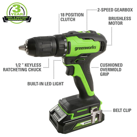 Beefy 24V Brushless Drill Driver with keyless ratcheting chuck, cushioned grip, and built-in LED light, part of the combo kit.