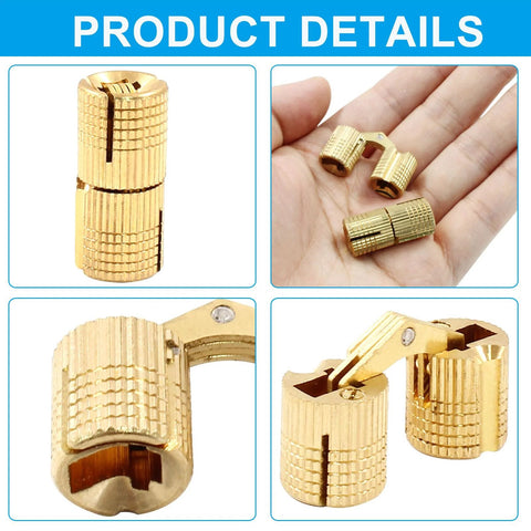 Hidden Brass Barrel Hinges Set 12mm 12 Piece Concealed Cabinet Hardware With 180 Degree Opening displayed in hand