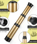 Two Piece Pirate Telescope Spyglass Toy Set For Kids Kid Friendly Vintage Mini Pirate Binoculars In Silver And Gold Perfect For Party Favors Halloween Decor Imaginative Play And Gift Bags. Gold ABS pirate telescope toy with black eyepiece lens, 310 mm long and extendable.