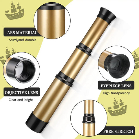 Two Piece Pirate Telescope Spyglass Toy Set For Kids Kid Friendly Vintage Mini Pirate Binoculars In Silver And Gold Perfect For Party Favors Halloween Decor Imaginative Play And Gift Bags. Gold ABS pirate telescope toy with black eyepiece lens, 310 mm long and extendable.