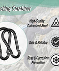 Heavy Duty 10 Pack 2 Inch Black Carabiner Clips With 220 Lbs Holding Capacity Stainless Steel Spring Snap Hooks For Hammock Swing Outdoor Travel Gear Essentials shown on climbing image with features listed