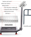 Heavy Duty 660 Pound Digital Platform Scale With Removable Guardrail For Floor Weighing Postal And Luggage Shipping Scale 90 Degree Fold Stainless Display And Buttons Easy Transport And Use showing components and design features.