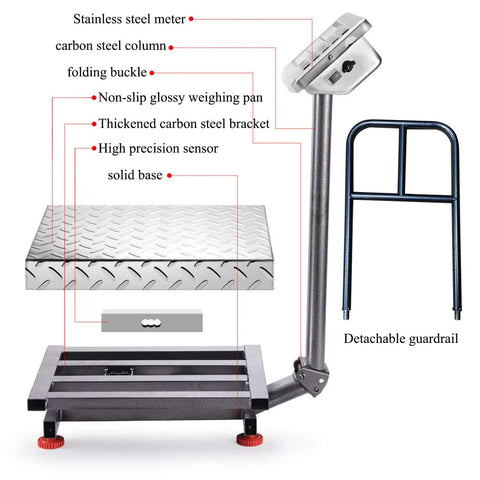 Heavy Duty 660 Pound Digital Platform Scale With Removable Guardrail For Floor Weighing Postal And Luggage Shipping Scale 90 Degree Fold Stainless Display And Buttons Easy Transport And Use showing components and design features.