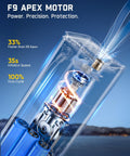 Internal view of F9 Apex Motor highlighting power traits related to X9 Apex Portable Tire Inflator Cordless Pump With 150 PSI Lightning Fast 35s Inflation Built In Light And Power Bank Ideal For Cars SUVs Motorcycles Bikes And Balls