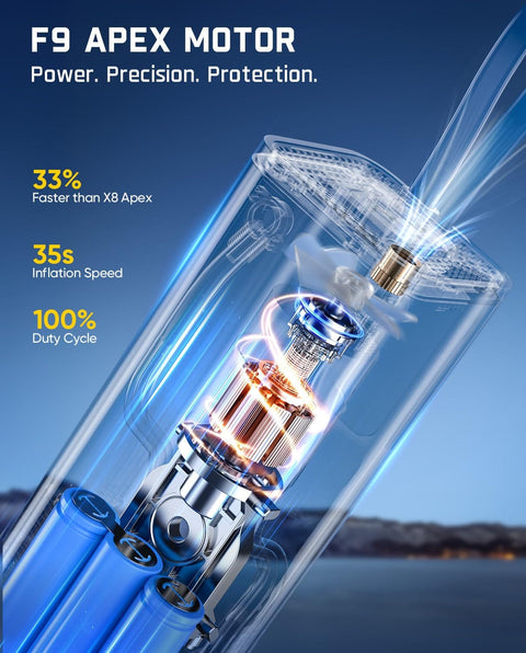 Internal view of F9 Apex Motor highlighting power traits related to X9 Apex Portable Tire Inflator Cordless Pump With 150 PSI Lightning Fast 35s Inflation Built In Light And Power Bank Ideal For Cars SUVs Motorcycles Bikes And Balls