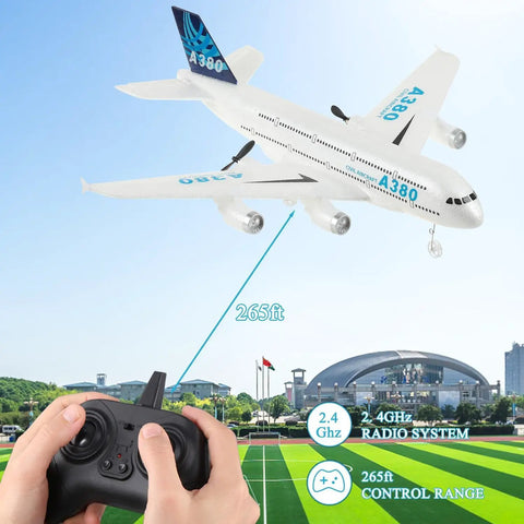 Two Channel Ready To Fly Remote Control Airplane With Lightweight Aerodynamic Design flying with controller in hands