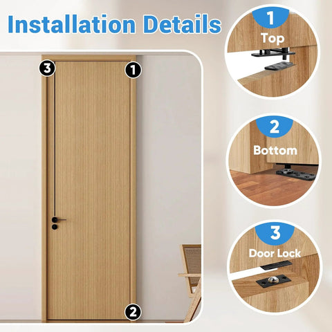 Beefy Hidden Door Hinge Pivot Kit 570 Lbs Heavy Duty Invisible Door Hardware installation details with top, bottom, lock spots