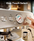 Top Tier 58mm Espresso Machine With Integrated Conical Burr Grinder, 30 Grind Settings, 20 Bar Italian Pump, PID Temp Control, Creamy Steam Wand, Legit Home Barista Setup For Killer Lattes And Dreamy Cappuccinos Zero Hassle showing one-touch select buttons and pressure gauge.