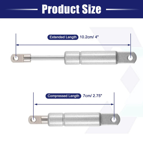 Heavy Duty Pair Of Four Inch Five Pound Gas Spring Lift Supports With Solid Carbon Steel Build, showing size details.