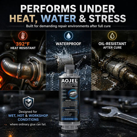 Heavy Duty Metal Epoxy For Structural Repair That Holds Brackets Housings Frames And Tools On Metal And Aluminum Load Bearing Waterproof And Heat Resistant To 392F Drillable After Cure 1.69 Oz bottle with images of pipes and tools.