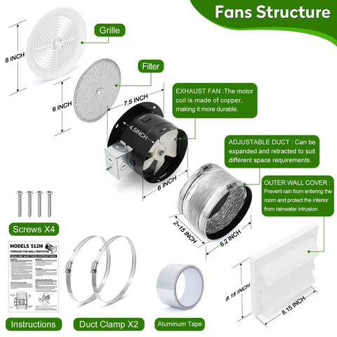 80 CFM Wall Mounted Exhaust Fan With White Grille For Bathroom Kitchen Garage And Attic Ventilation No Hassle Quiet 4.0 Sones 6 Inch Duct 15 Inch Retractable Duct For Easy Install showing grille, filter, fan motor, retractable duct, and installation accessories