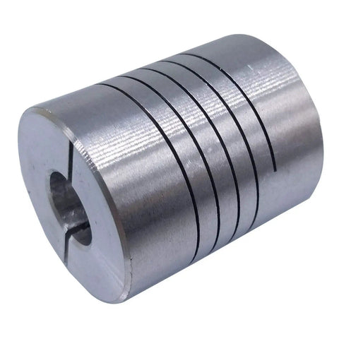Close-up of Flexible Shaft Coupling One Quarter Inch By Three Eighths Inch D25 L30 Aluminum Rigid Coupler for precision machining.