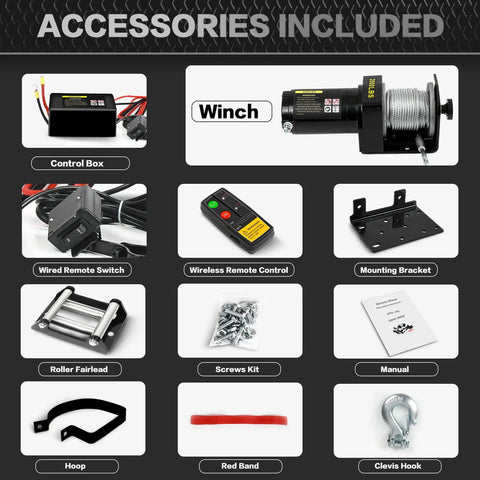 Accessories included with Beefy 2000 Lb Electric Winch For ATVs And UTVs 12V DC Waterproof Steel Rope Winch Kit
