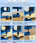 Instructions for Pro Grade Grommet Tool Kit With Eyelet And Rivet Press Three Dies One Quarter One Half And 1500 Grommets Hand Press Machine For Fabric And Leather DIY Projects showing steps to install grommets.