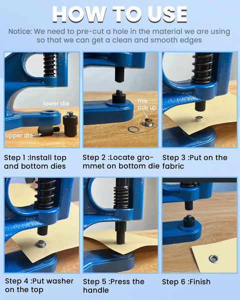 Instructions for Pro Grade Grommet Tool Kit With Eyelet And Rivet Press Three Dies One Quarter One Half And 1500 Grommets Hand Press Machine For Fabric And Leather DIY Projects showing steps to install grommets.