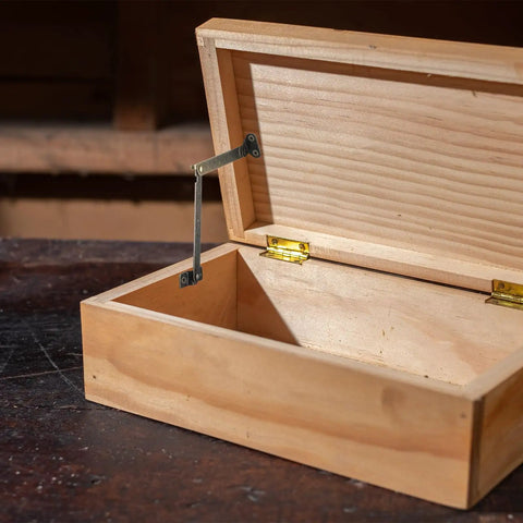 Open wooden box with 2 Pack Lid Support Hinges Antique Bronze Folding For Wooden Boxes Jewelry Cases Display Furniture Cabinets