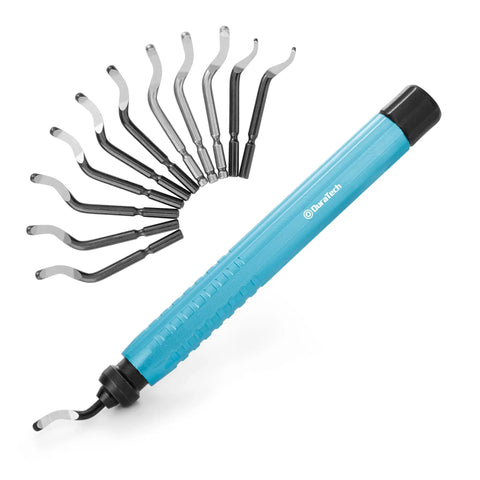 Deburring Tool Pro Grade With 12 M2 High Speed Steel Blades, 360 Degree Rotating Head, visible with blue handle and metal blades