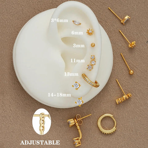 Six Pairs 14K Gold Plated Stud Earrings For Women With Hypoallergenic Cuff Cartilage Styles, Multi Piercing Friendly Dainty Stackable Set, Includes Tiny Hoops And Ball Earrings, Your Go To Gift Jewelry For Everyday Wear. Adjustable 3mm-18mm gold earrings set