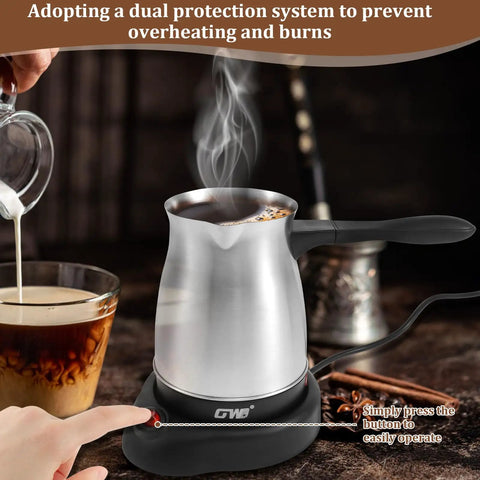 Turkish Coffee Maker 600ml Stainless Steel Electric Pot 110V on warmer base with ergonomic handle, brewing coffee, steaming aroma