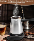 Electric Turkish Coffee Pot With Stainless Steel Build 110V For 5 To 6 Cups, Cool Touch Handle; brewer in kitchen setting.