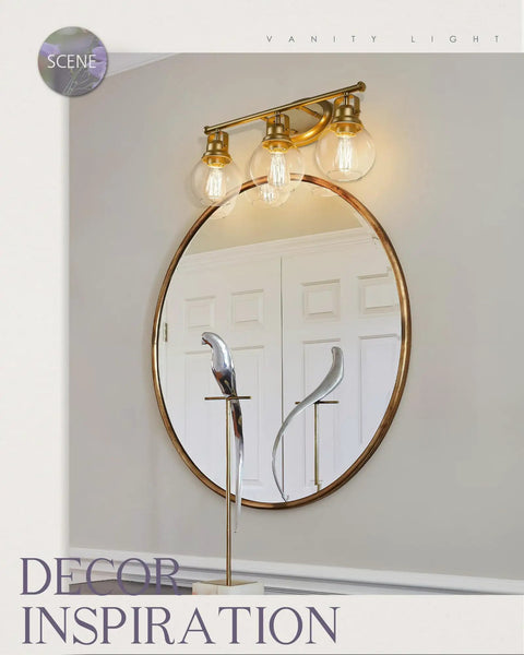 Gold Finish Sleek Modern Vanity Light Fixture With Three Clear Glass Globes Over Mirror For Bathroom Renovation