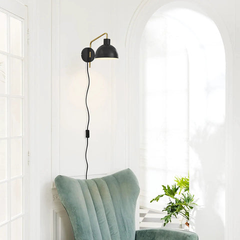 Farmhouse Chic Plug In Or Hardwired Wall Sconce With Matte Dark Gray Finish And Antique Brass Accent Arm Black Fabric Cord And Inline On Off Switch Perfect For Bedroom Lighting And Hallways