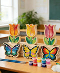 Spring Wood Cutouts Painting Kit 6 Pack Tulip And Butterfly Shapes Unfinished Blank Wood Slices With Art Supplies on table