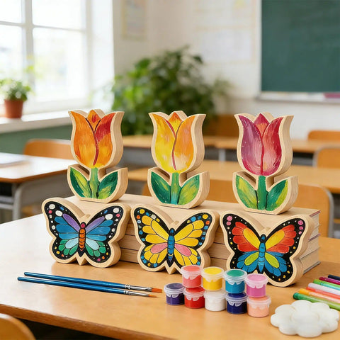 Spring Wood Cutouts Painting Kit 6 Pack Tulip And Butterfly Shapes Unfinished Blank Wood Slices With Art Supplies on table