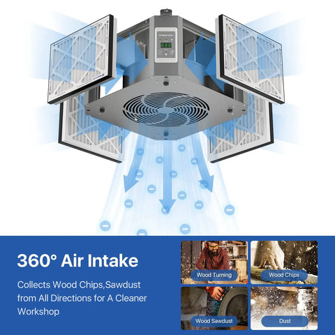 360 Degree Intake Air Filtration System For Woodworking With Built-In Ionizer, 1350 CFM Hanging Air Filter, Dust Collector For Garage Shop, MERV-11 Filter, DecDust 1350IG displayed in operation