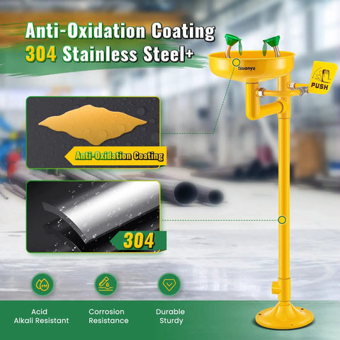 Floor Mounted Eyewash Station With Adjustable Water Flow, Rugged Stainless Steel, Anti-Oxidation Coating, Yellow Finish