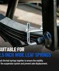 Heavy Duty 4 Pack Square U Bolts For 2.5 Inch Wide Leaf Springs attached to a vehicle's suspension system with galvanized steel bracket