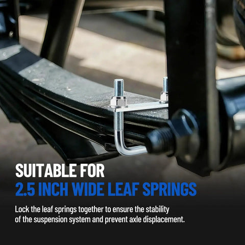 Heavy Duty 4 Pack Square U Bolts For 2.5 Inch Wide Leaf Springs attached to a vehicle's suspension system with galvanized steel bracket