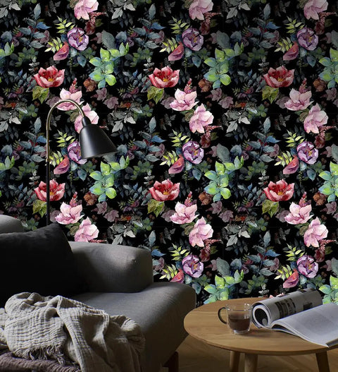 Living room with Floral Peel And Stick Wallpaper Black Green Pink Botanical Design Repositionable in bold floral pattern.