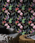 Wild Spring Peel And Stick Wallpaper Bouquet Botanical Floral Black Green Pink Removable Easy Install No Mess Durable Washable