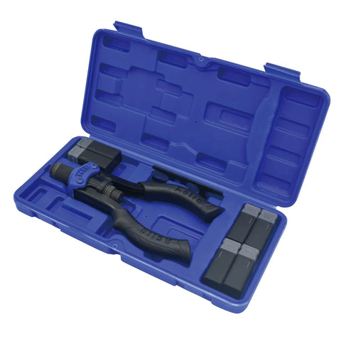 Rivet Nut Stud Setter Kit For Metal Projects with Metric and SAE options in blue case, showing installation tools and components.