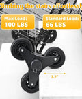 Close-up of All Terrain Grocery Cart With 360 Degree Swivel Wheels And Stair Climber showing tri wheel front design.