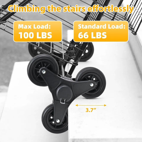 Close-up of All Terrain Grocery Cart With 360 Degree Swivel Wheels And Stair Climber showing tri wheel front design.
