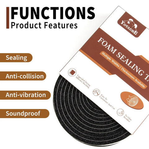 Rock Solid Open Cell Foam Tape Self Adhesive Sound Insulation Weather Stripping Gap Filler Heat Noise Reducer features packaging, sturdy design.