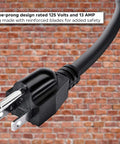 Close-up of Heavy Duty 6 Foot Extension Cord 16 AWG SJTW Indoor Outdoor Power Cable 3 Prong 125V 13A plug against brick wall
