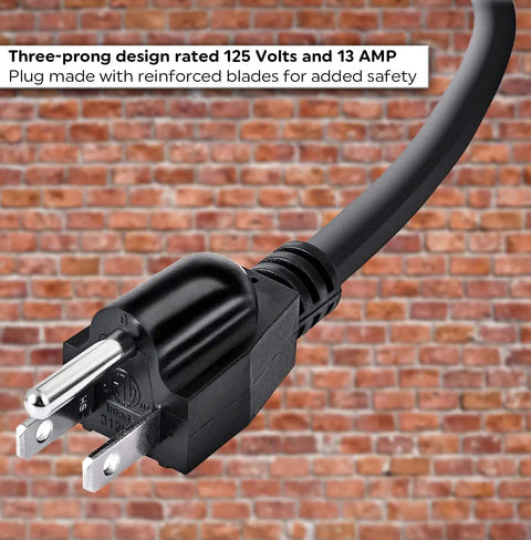 Close-up of Heavy Duty 6 Foot Extension Cord 16 AWG SJTW Indoor Outdoor Power Cable 3 Prong 125V 13A plug against brick wall