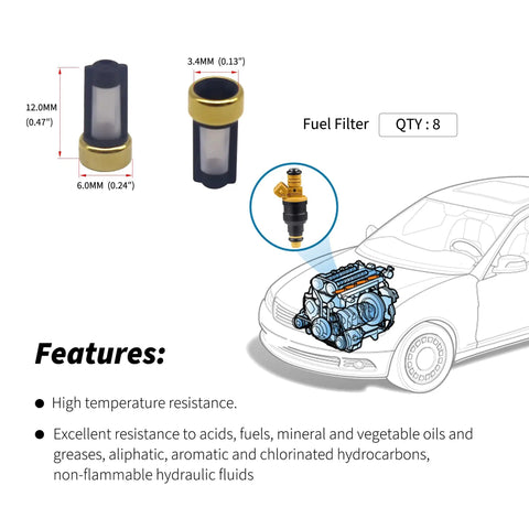 Diagram of fuel injector seal kit features for Ford V8 engines showing filters and engine illustration
