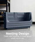 Six Pack Dark Gray Open Front Storage Totes With Oversized Handles Built Like A Tank Heavy Duty Stackable Plastic Bins Mega Capacity for garage gear, nesting design for space-saving.